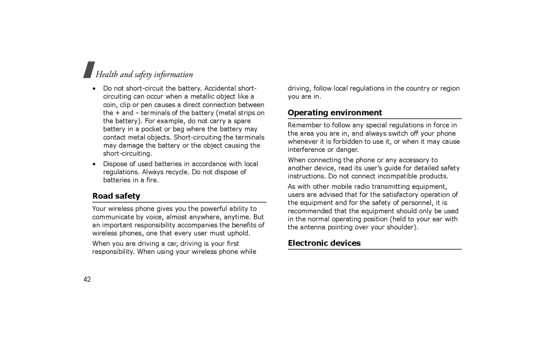 Samsung SGH-P260TSAFOP manual Road safety, Operating environment, Electronic devices 