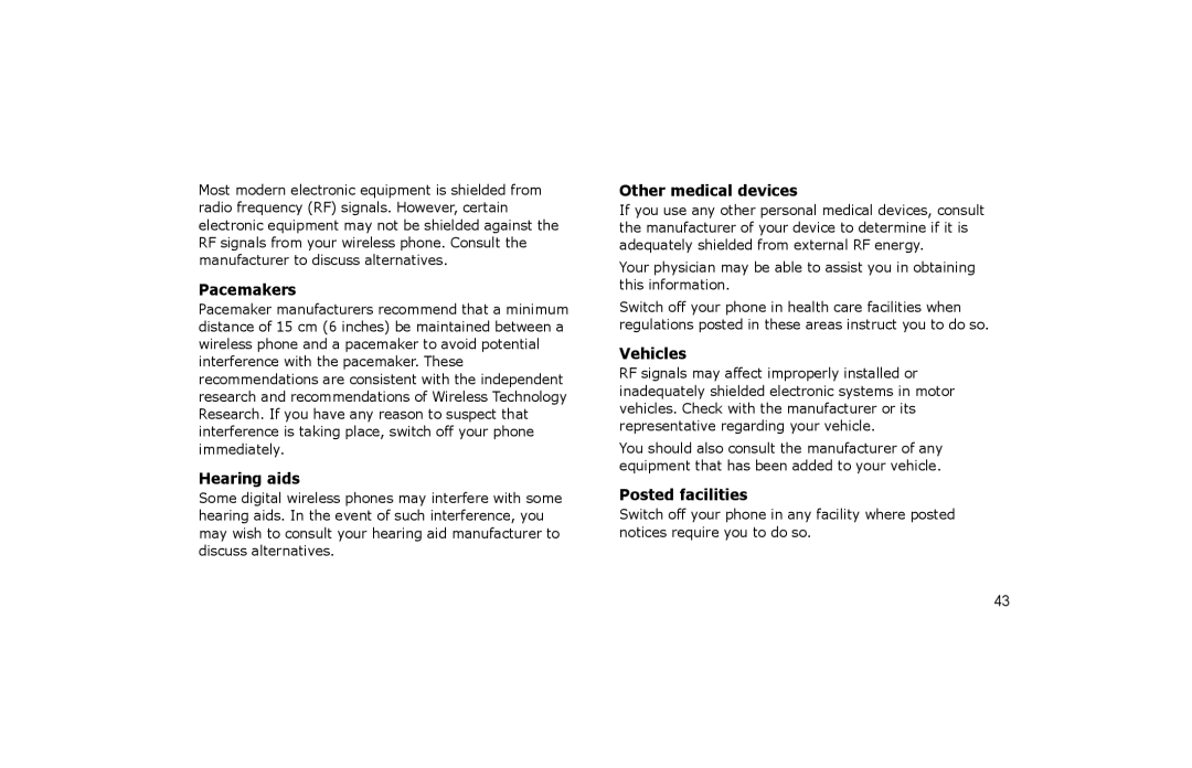 Samsung SGH-P260TSAFOP manual Pacemakers, Hearing aids, Other medical devices, Vehicles, Posted facilities 