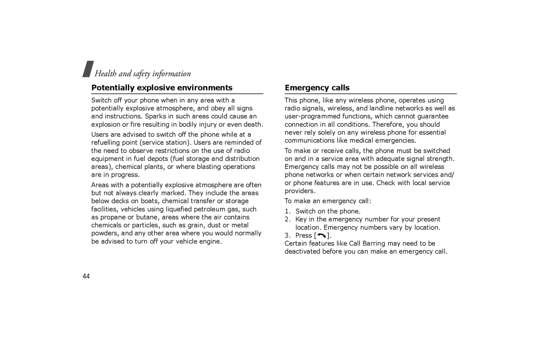 Samsung SGH-P260TSAFOP manual Potentially explosive environments, Emergency calls 