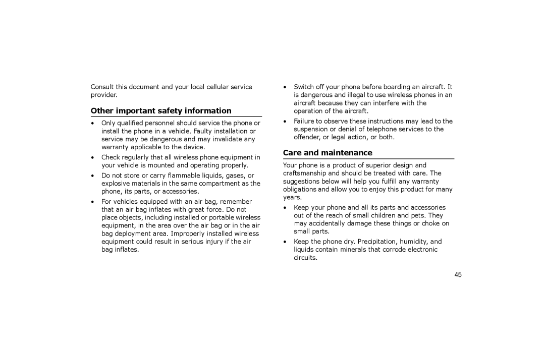 Samsung SGH-P260TSAFOP manual Other important safety information, Care and maintenance 