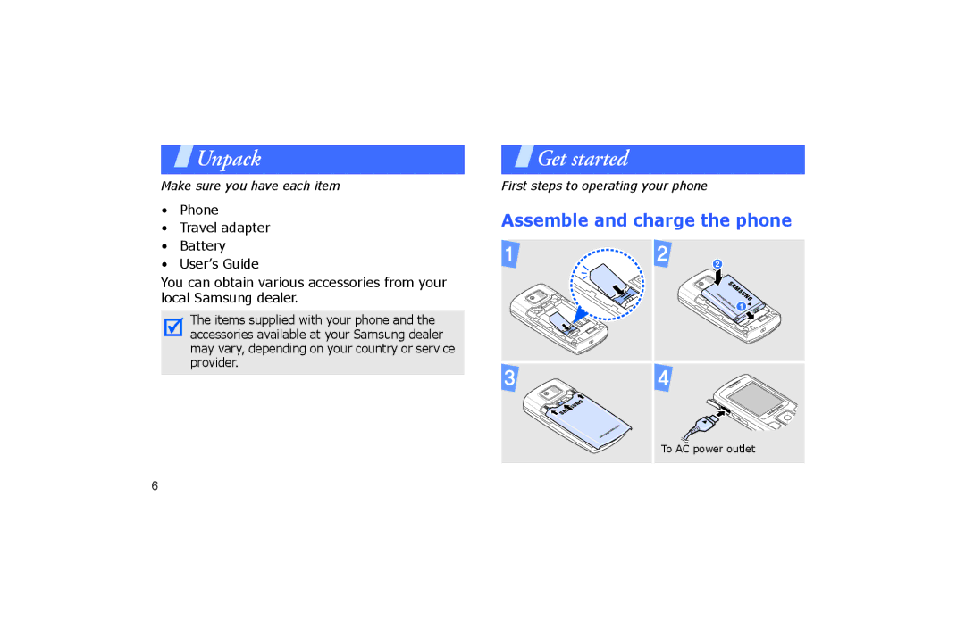 Samsung SGH-P260TSAFOP manual Unpack, Assemble and charge the phone 