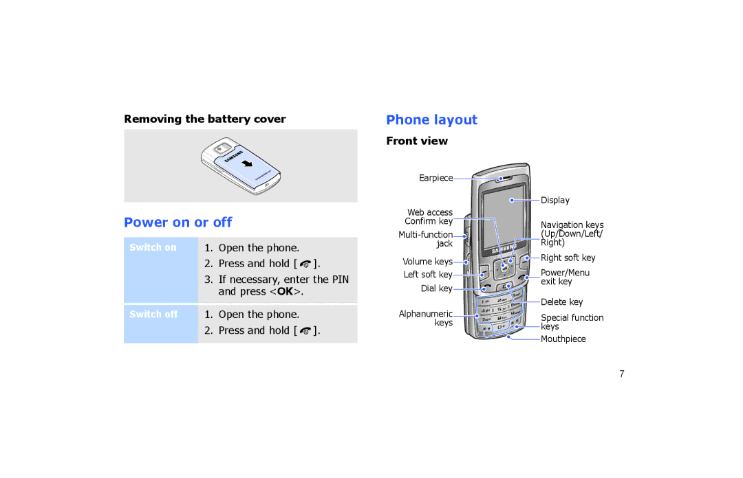 Samsung SGH-P260TSAFOP manual Power on or off, Switch on 