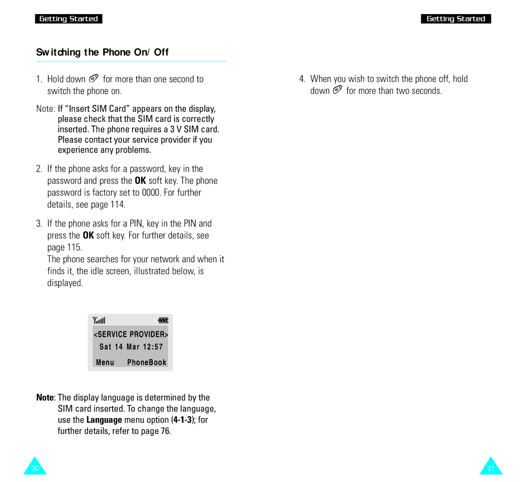 Samsung SGH-R220 owner manual Switching the Phone On/Off, Hold down for more than one second to switch the phone on 