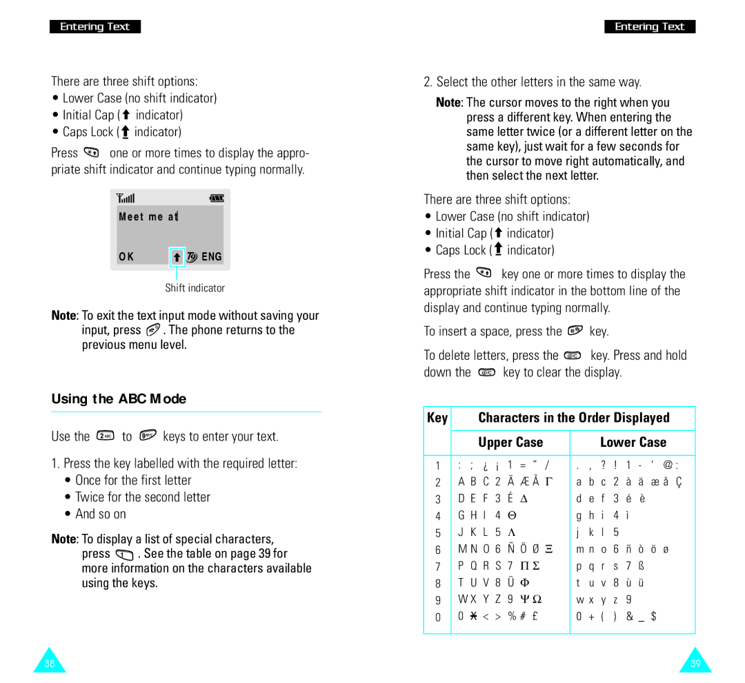 Samsung SGH-R220 owner manual Down the key to clear the display, Upper Case Lower Case 