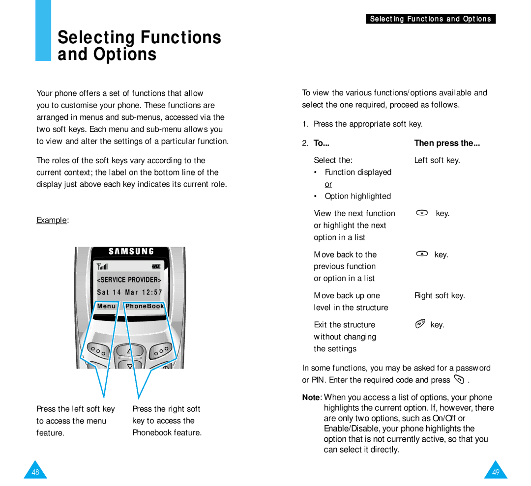 Samsung SGH-R220 owner manual Example, To access the menu, Feature, Press the appropriate soft key 