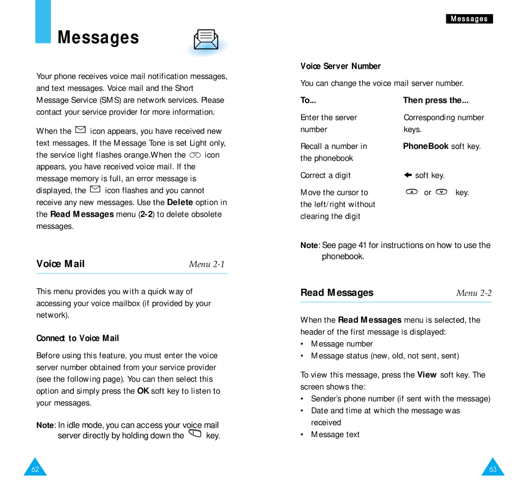 Samsung SGH-R220 owner manual Read Messages, Connect to Voice Mail, Voice Server Number 