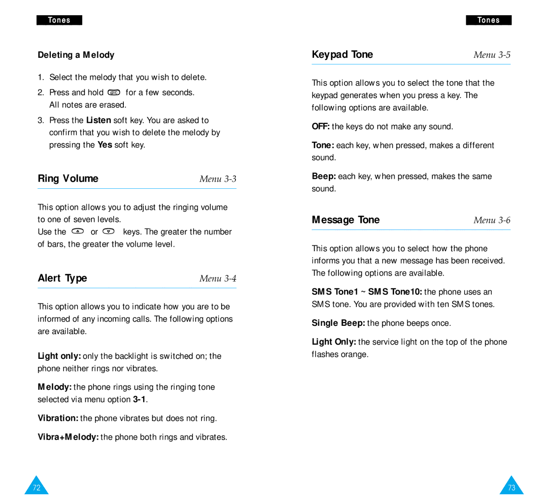 Samsung SGH-R220 owner manual Ring Volume, Alert Type, Keypad Tone, Message Tone, Deleting a Melody 