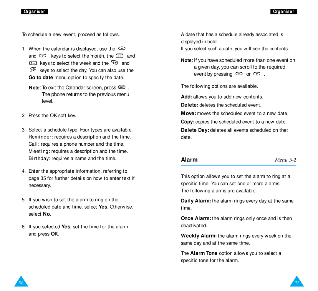 Samsung SGH-R220 owner manual Alarm, To schedule a new event, proceed as follows 