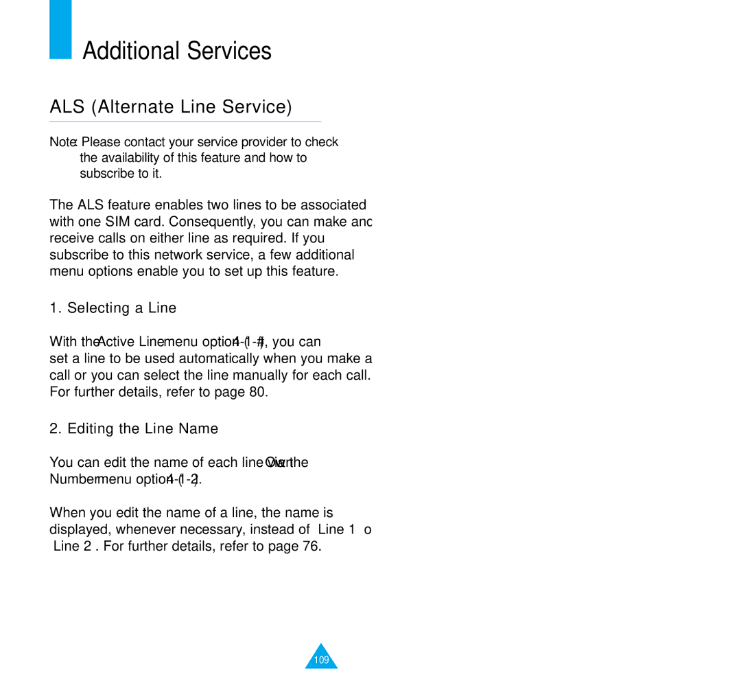 Samsung SGH-R220 owner manual Additional Services, ALS Alternate Line Service, Selecting a Line, Editing the Line Name 