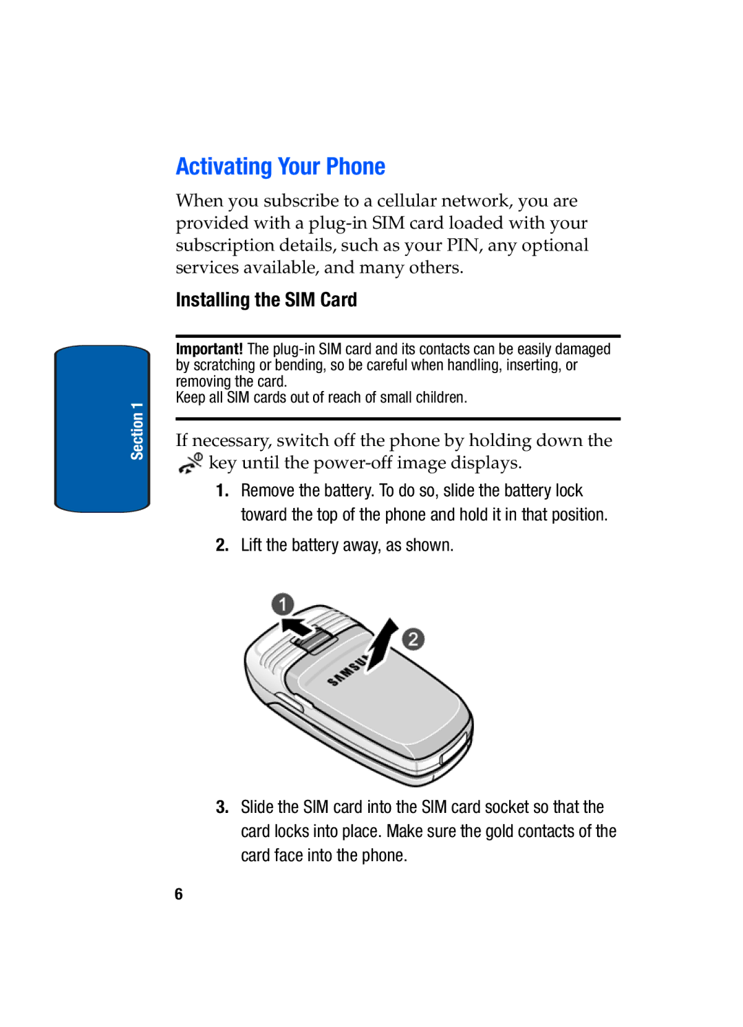 Samsung SGH-t309 manual Activating Your Phone, Installing the SIM Card 