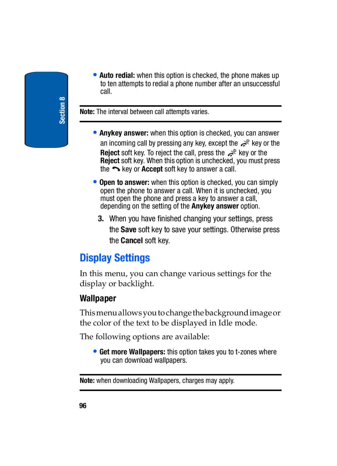 Samsung SGH-t309 manual Display Settings, Wallpaper 