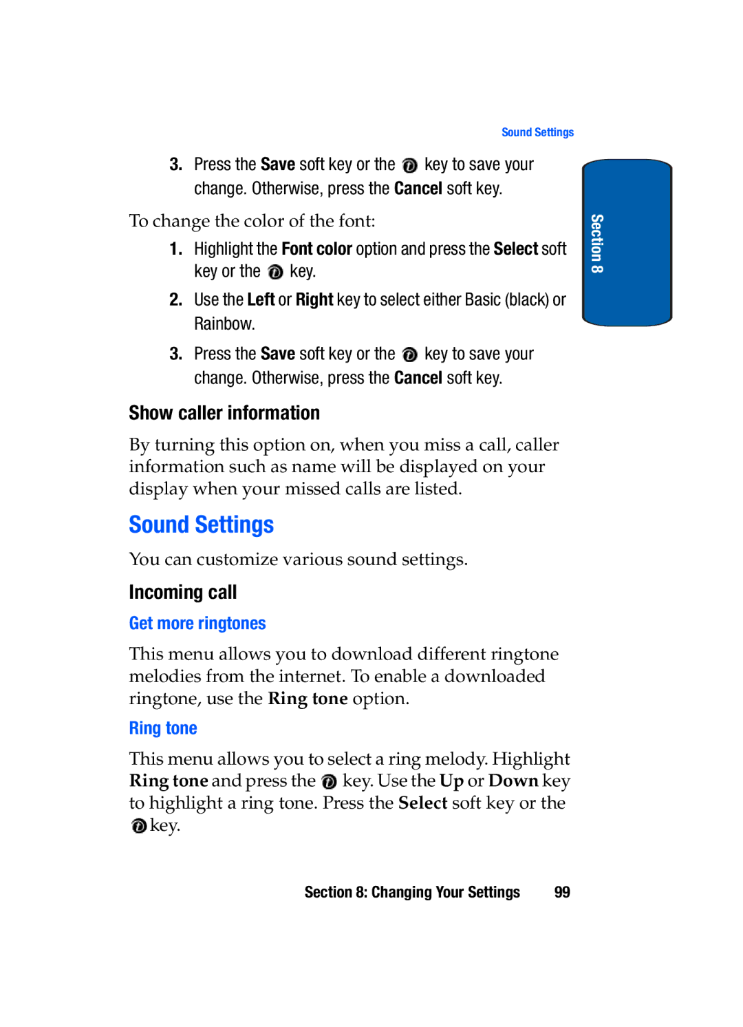 Samsung SGH-t309 manual Sound Settings, Show caller information, Incoming call, Get more ringtones, Ring tone 