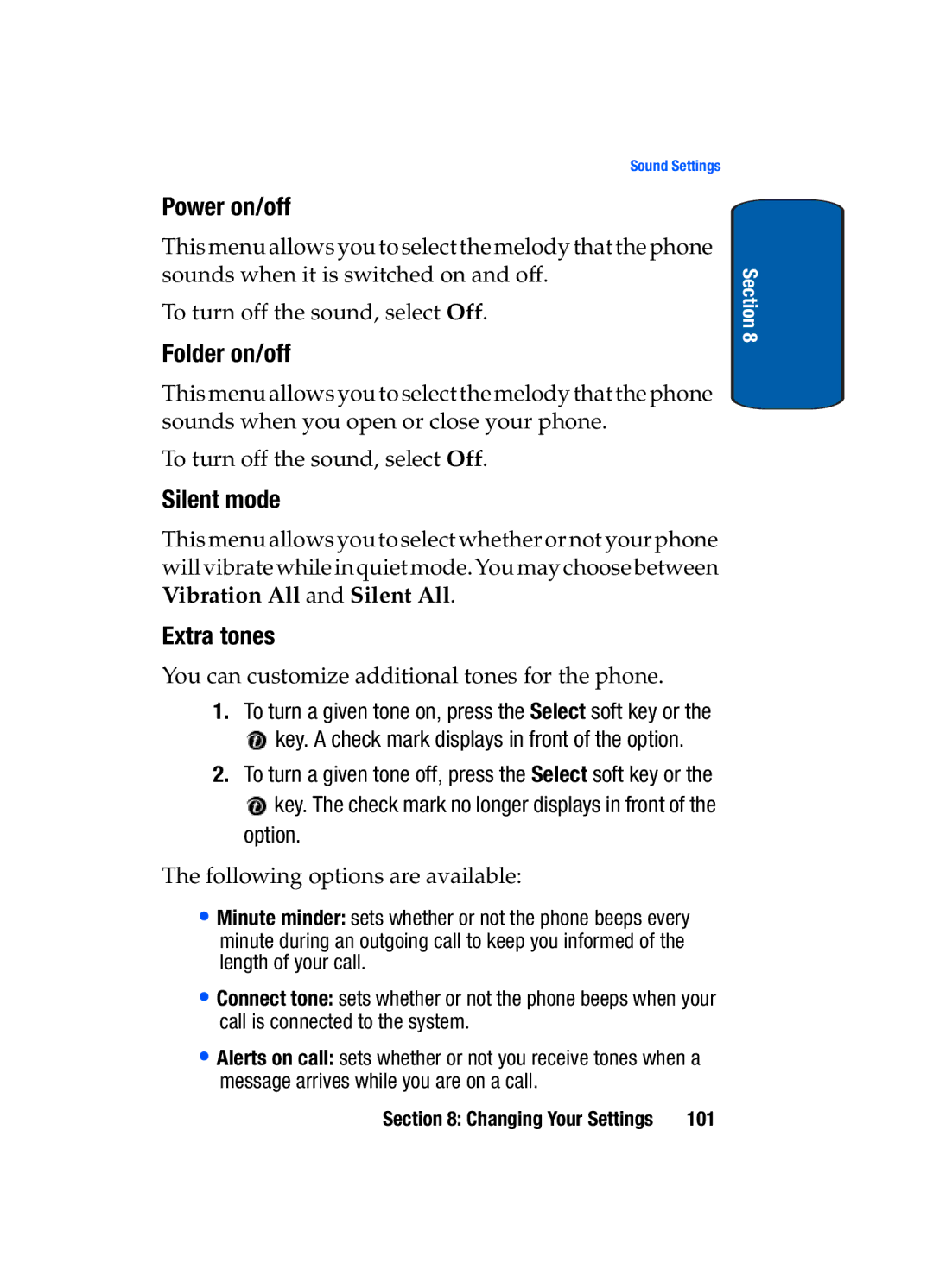 Samsung SGH-t309 manual Power on/off, Folder on/off, Silent mode, Extra tones 