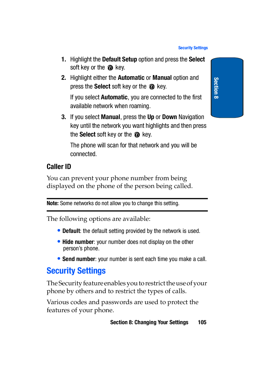 Samsung SGH-t309 manual Security Settings, Caller ID 