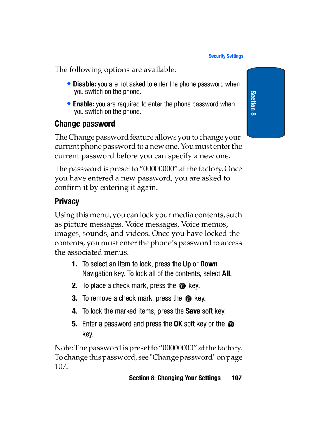 Samsung SGH-t309 manual Change password, Privacy, Enter a password and press the OK soft key or the key 