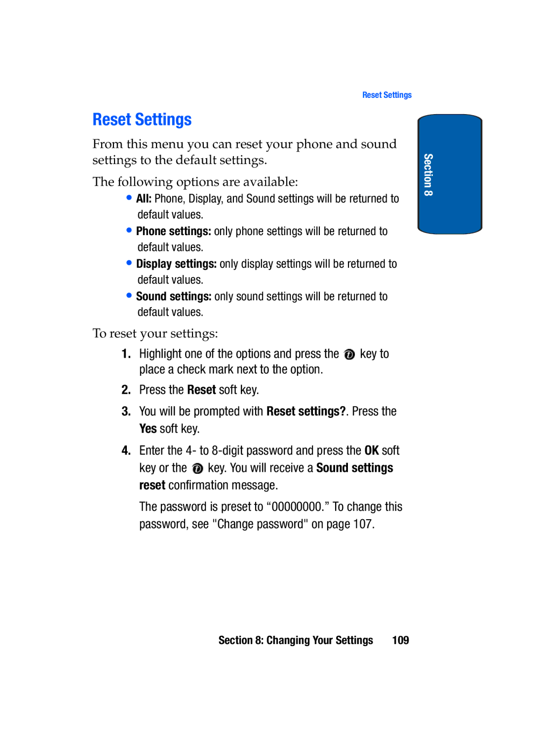 Samsung SGH-t309 manual Reset Settings 