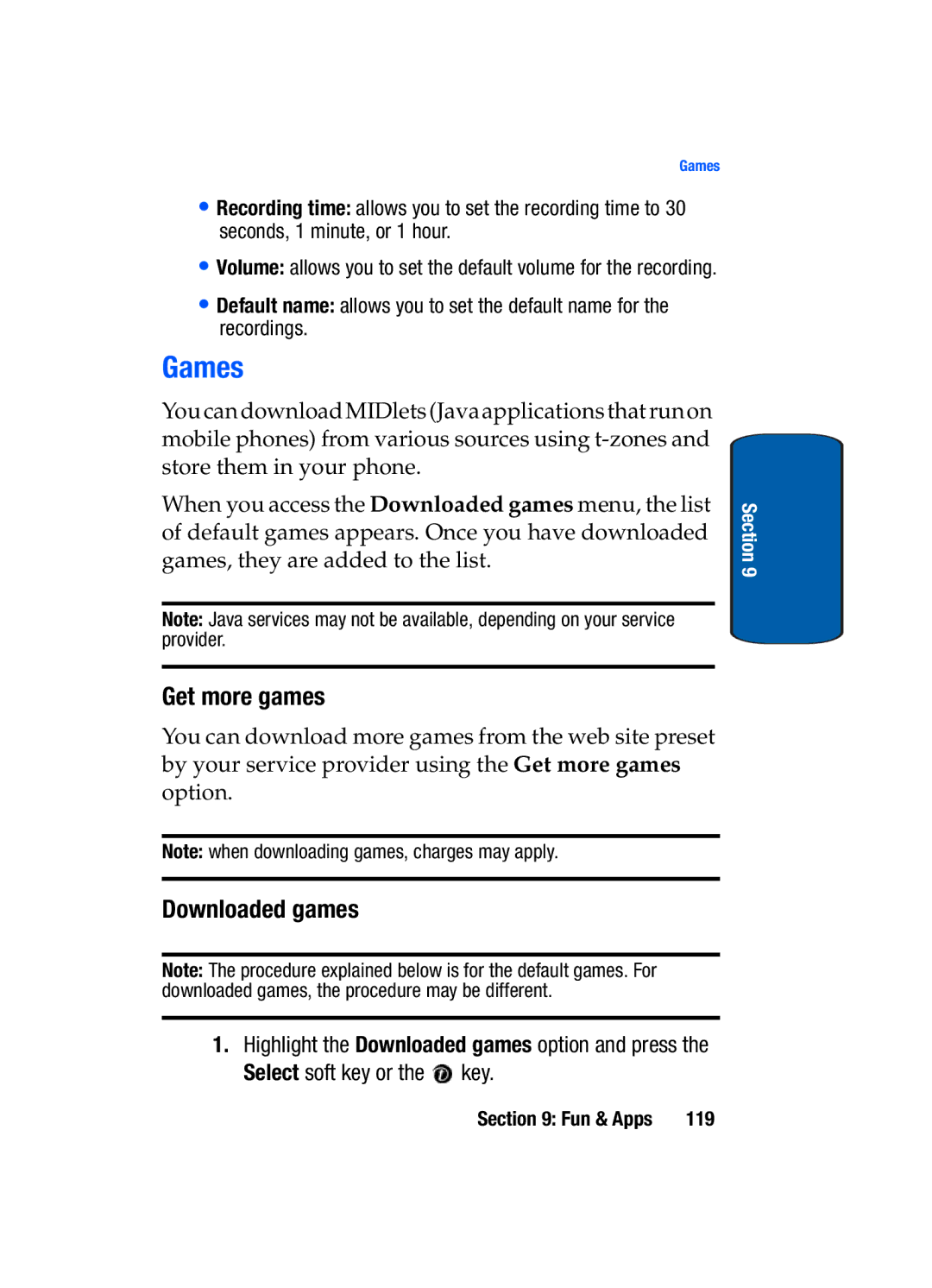 Samsung SGH-t309 manual Games, Get more games, Downloaded games 