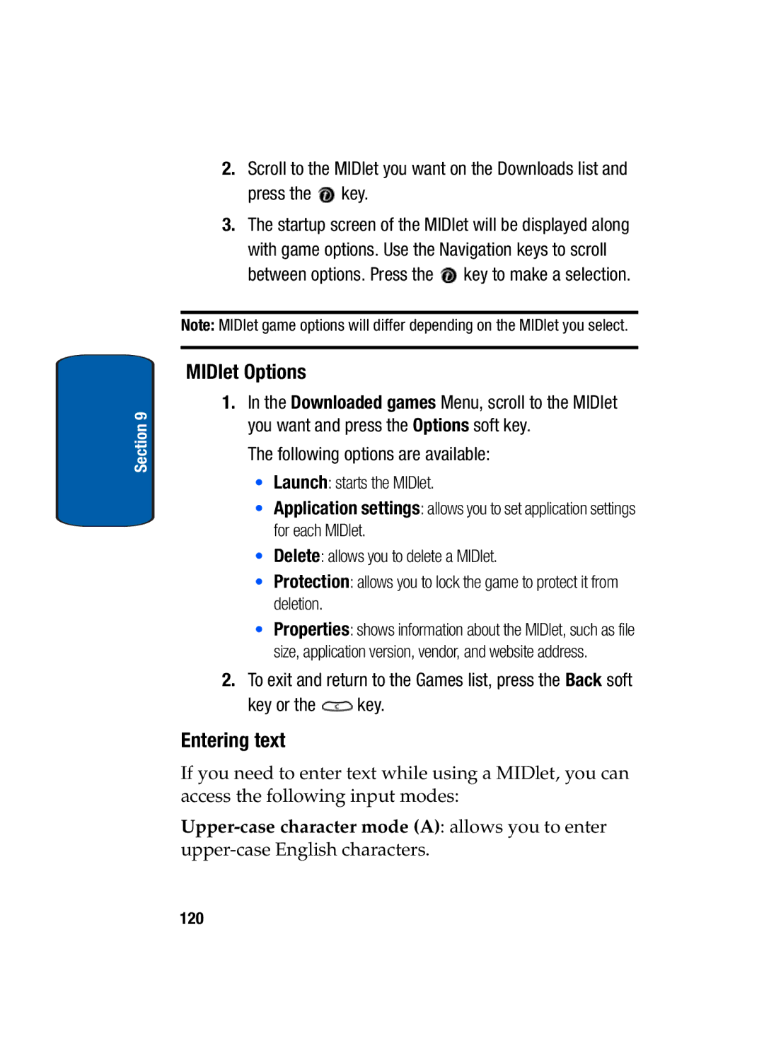 Samsung SGH-t309 manual MIDlet Options, Entering text 