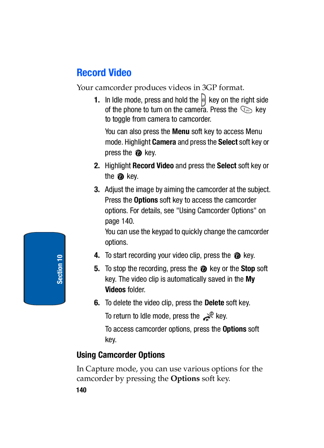 Samsung SGH-t309 manual Record Video, Using Camcorder Options 