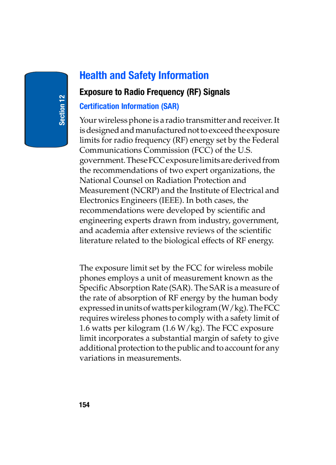 Samsung SGH-t309 Health and Safety Information, Exposure to Radio Frequency RF Signals, Certification Information SAR 