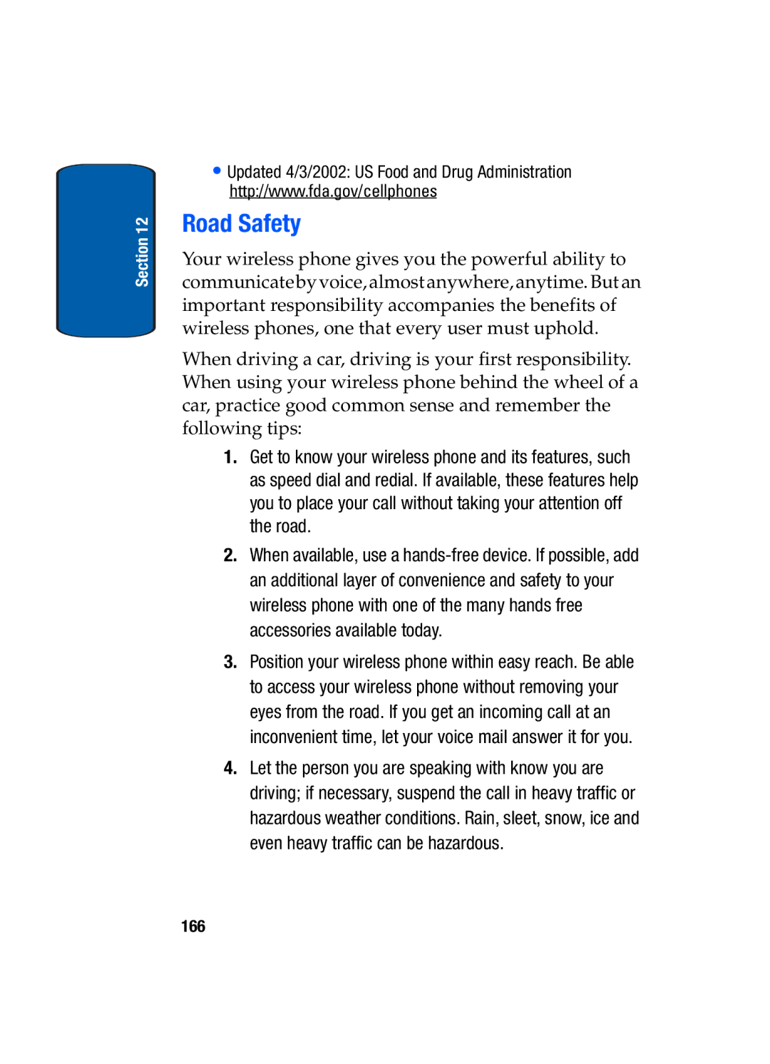 Samsung SGH-t309 manual Road Safety, 166 