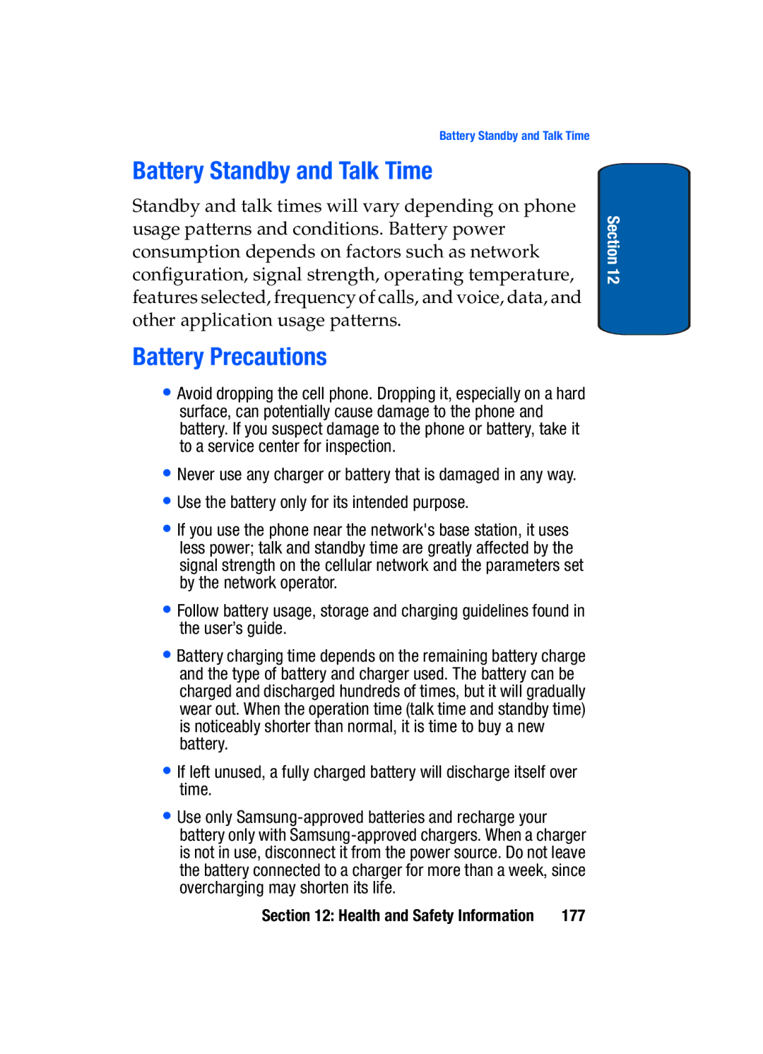 Samsung SGH-t309 manual Battery Standby and Talk Time, Battery Precautions 