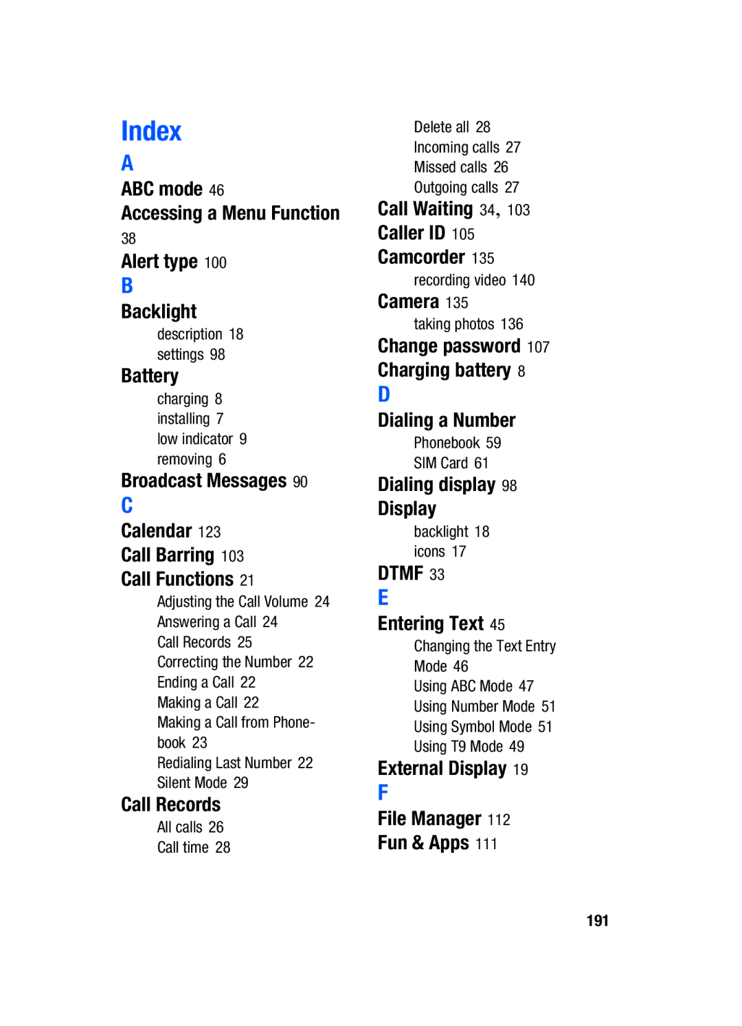 Samsung SGH-t309 manual ABC mode, Alert type Backlight, Battery, Broadcast Messages Calendar Call Barring Call Functions 