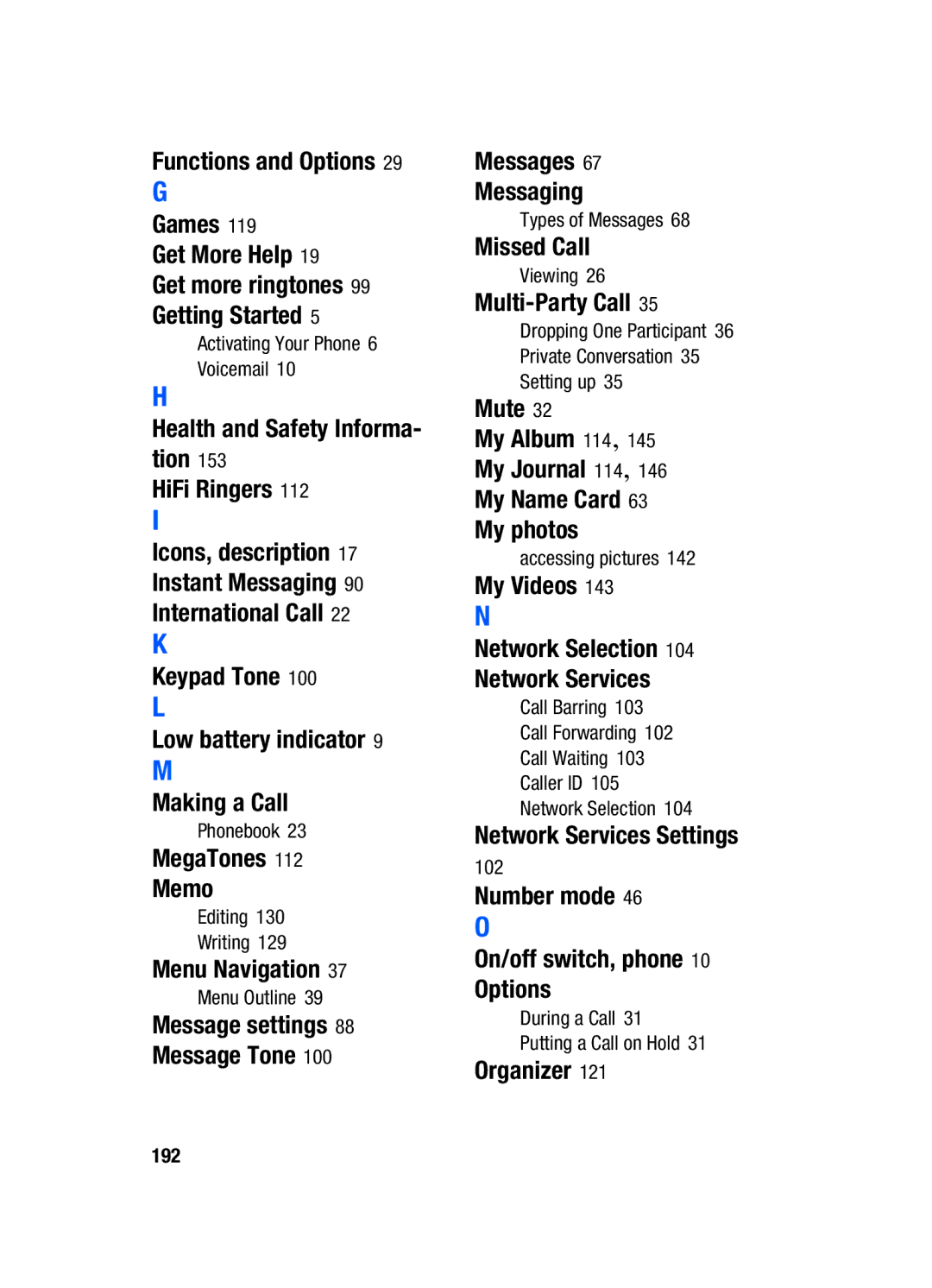 Samsung SGH-t309 Functions and Options Games Get More Help, Health and Safety Informa- tion HiFi Ringers, MegaTones Memo 