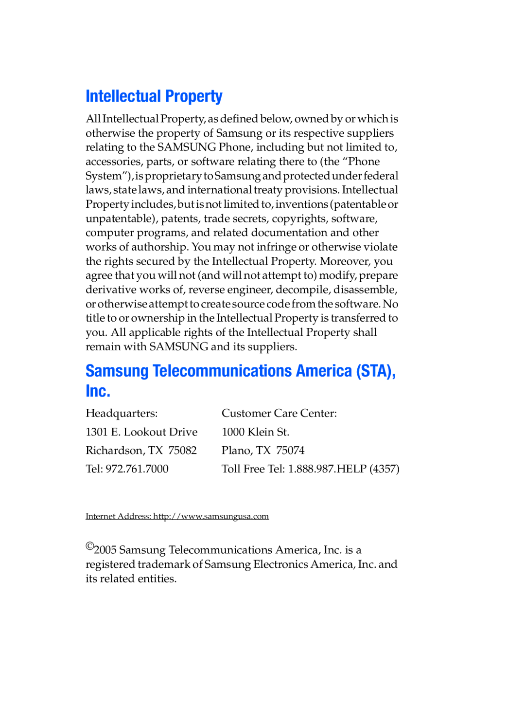 Samsung SGH-t309 manual Intellectual Property, Samsung Telecommunications America STA, Inc 