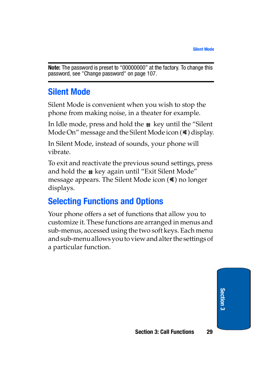 Samsung SGH-t309 manual Silent Mode, Selecting Functions and Options 