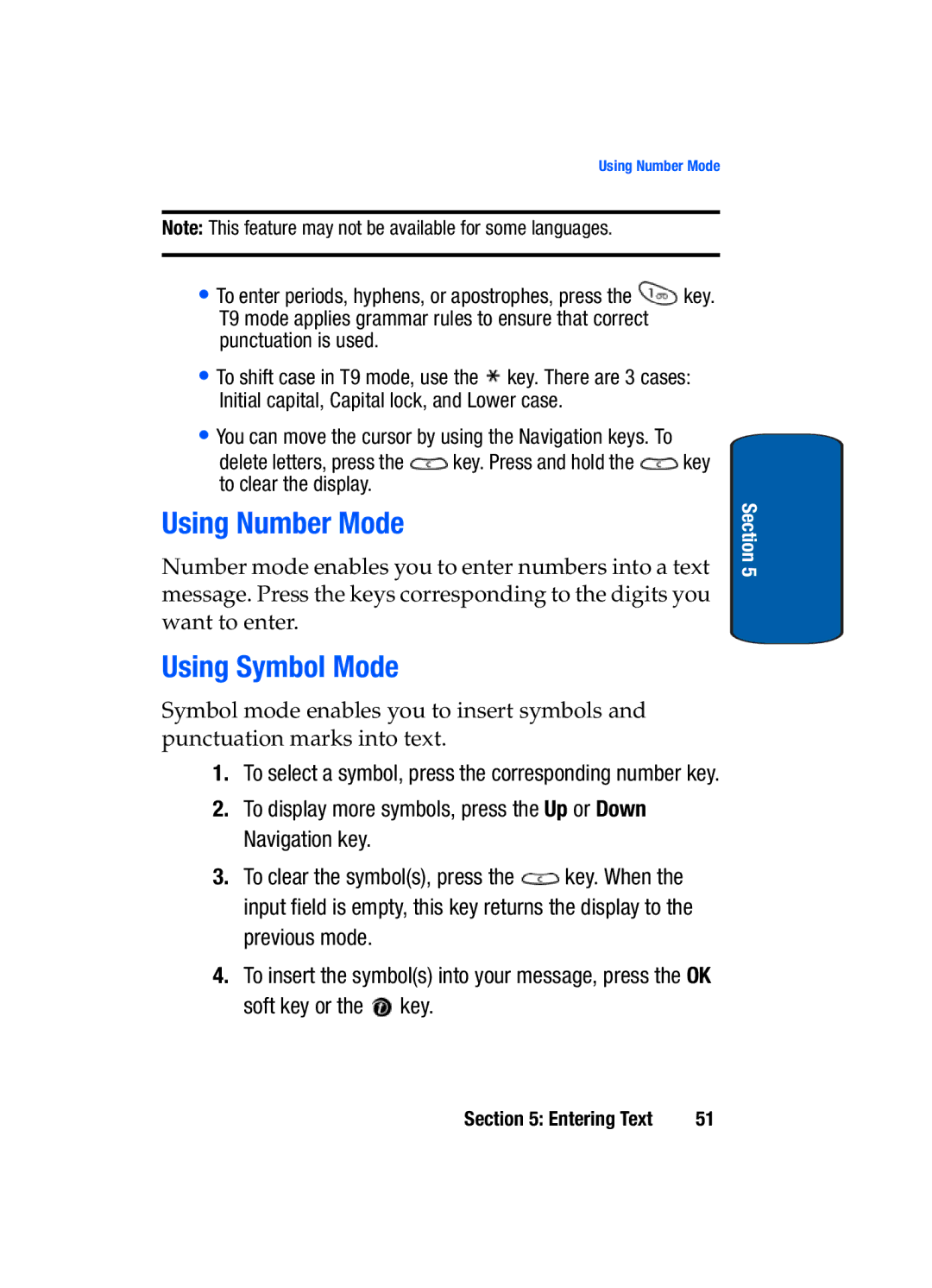 Samsung SGH-t309 manual Using Number Mode, Using Symbol Mode 