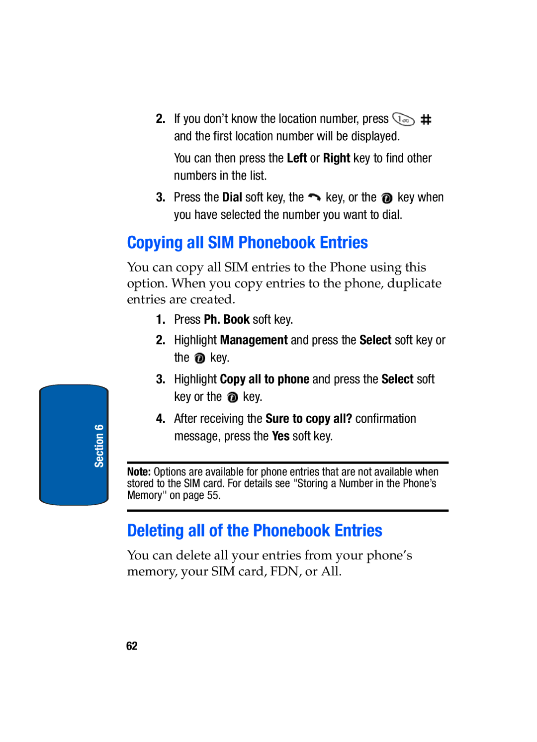 Samsung SGH-t309 manual Copying all SIM Phonebook Entries, Deleting all of the Phonebook Entries 