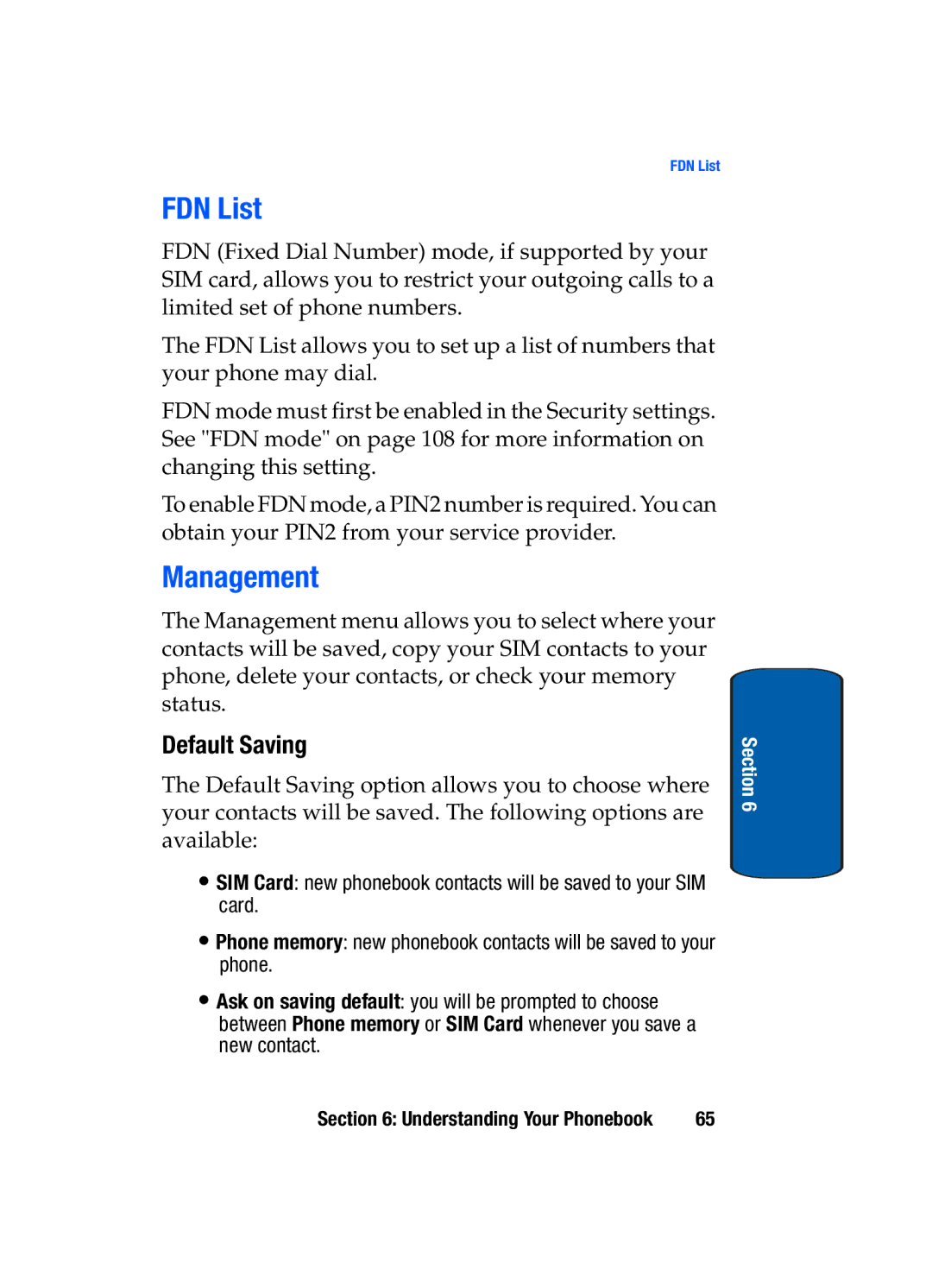 Samsung SGH-t309 manual FDN List, Management, Default Saving 