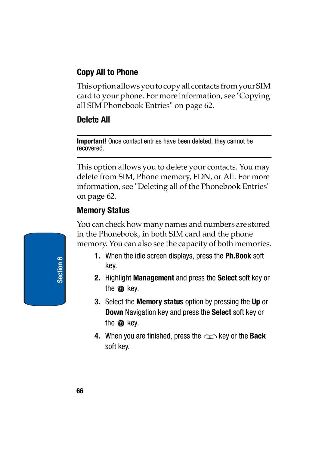 Samsung SGH-t309 manual Copy All to Phone, Memory Status 