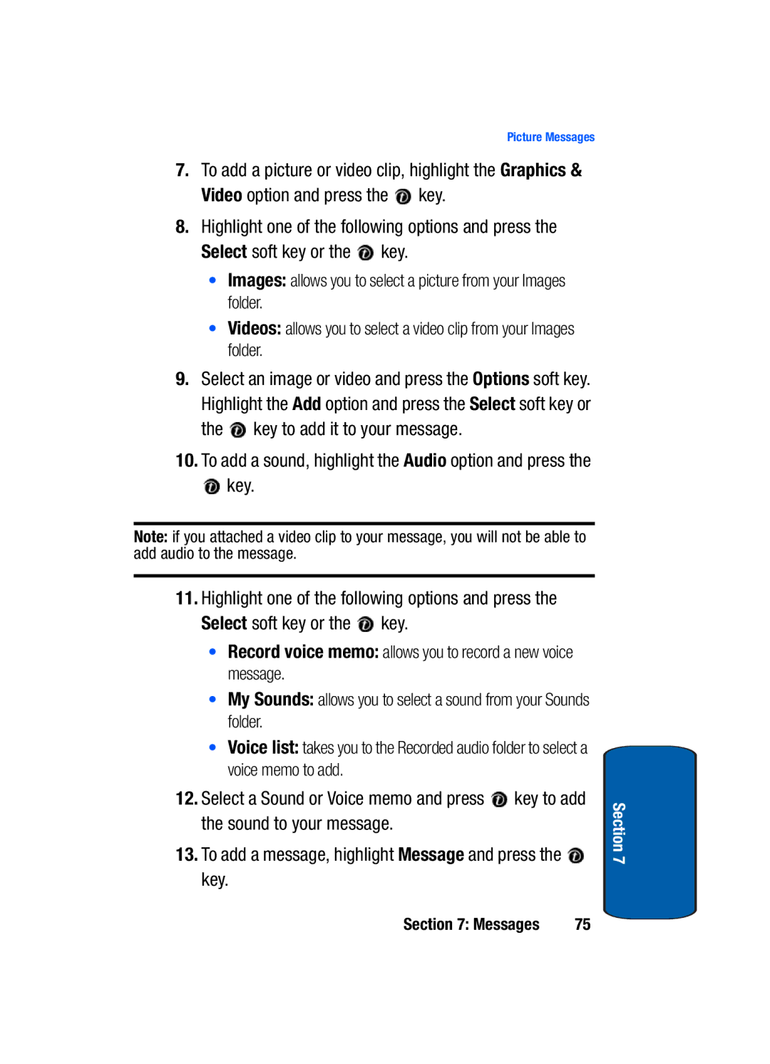 Samsung SGH-t309 manual To add a sound, highlight the Audio option and press 