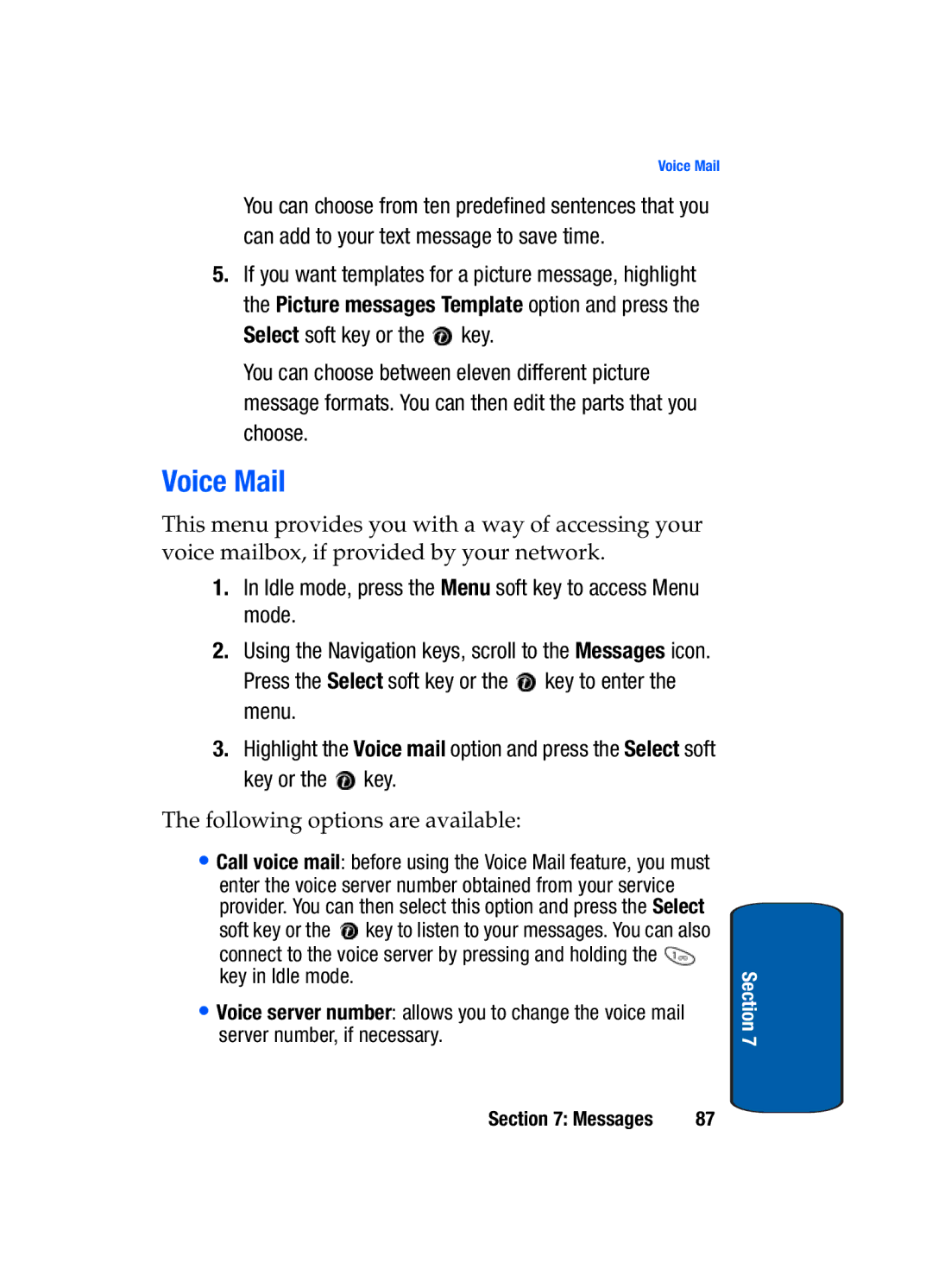 Samsung SGH-t309 manual Voice Mail, Following options are available 