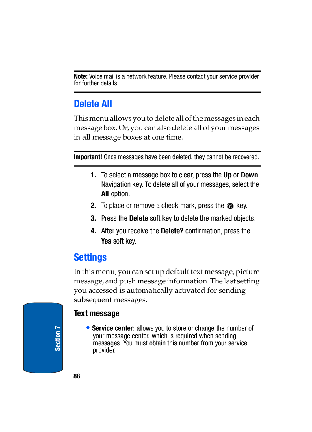 Samsung SGH-t309 manual Delete All, Settings, Text message 