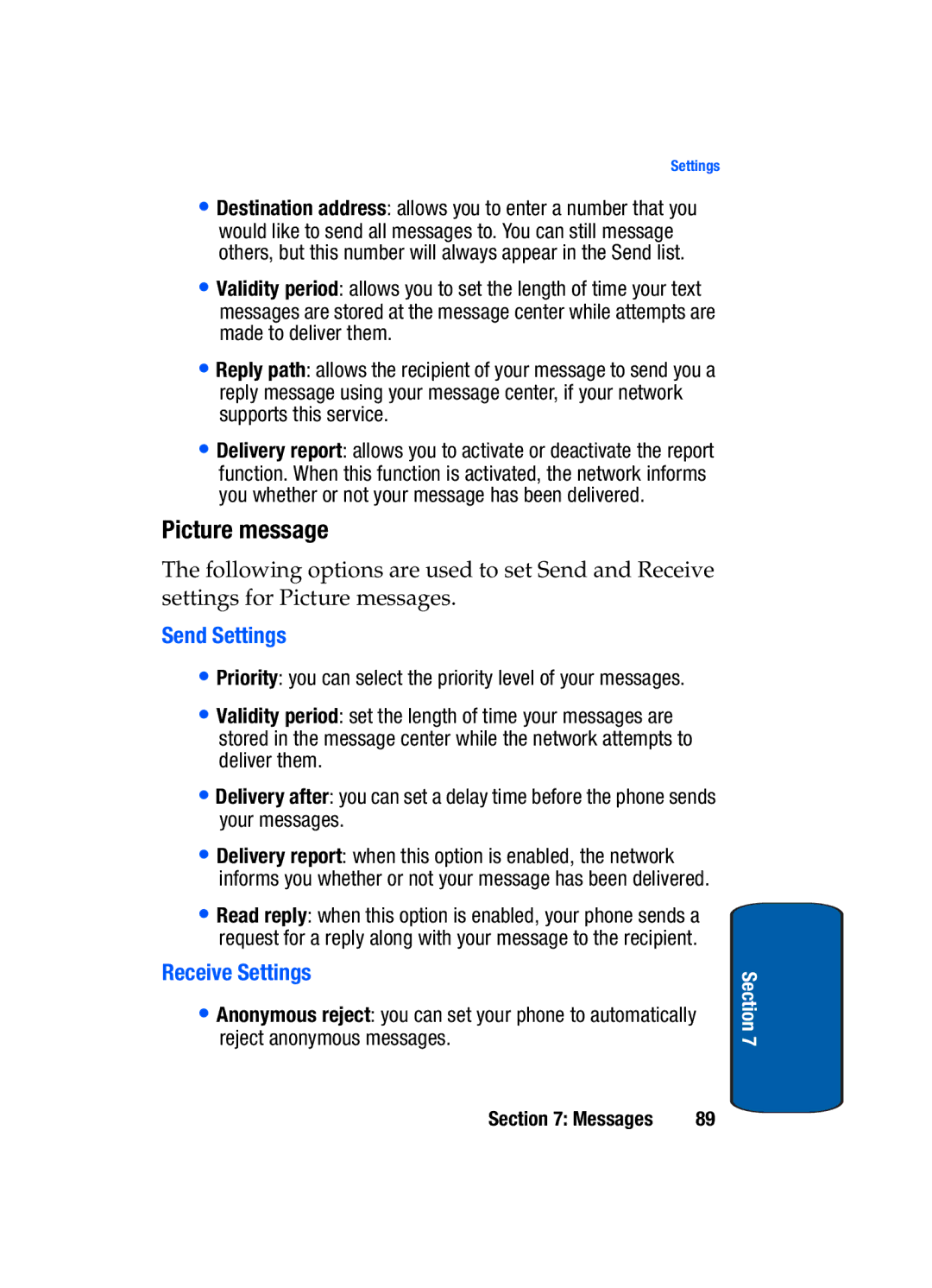 Samsung SGH-t309 manual Picture message, Send Settings, Receive Settings 