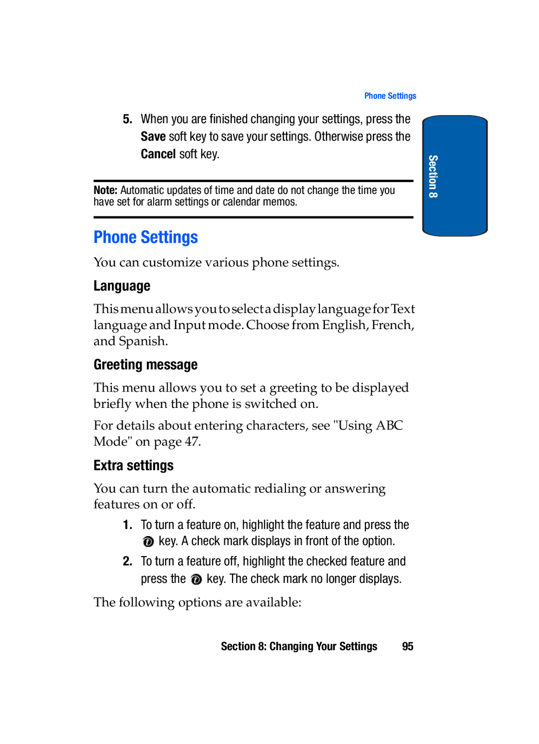 Samsung SGH-t309 manual Phone Settings, Language, Greeting message, Extra settings 