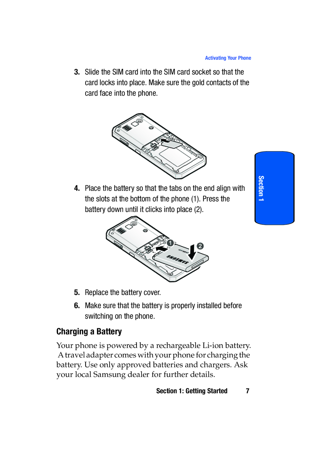 Samsung SGH-t509s manual Charging a Battery 