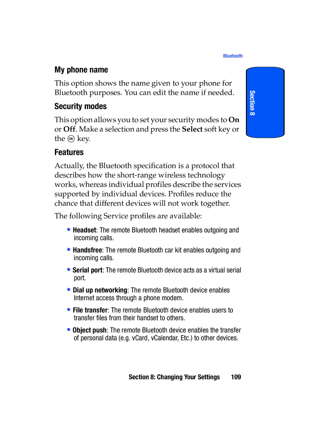 Samsung SGH-t509s manual My phone name, Security modes, Features 