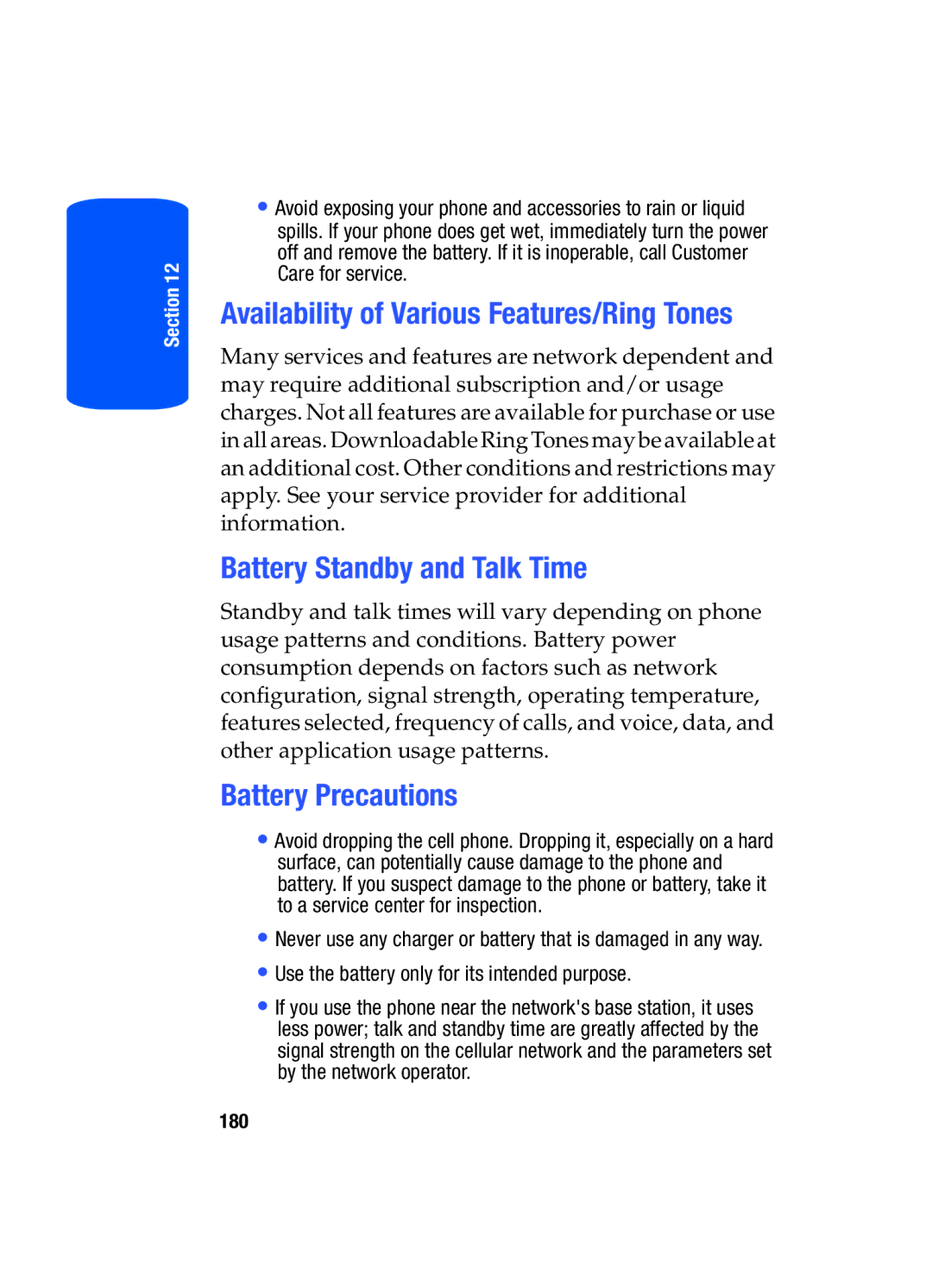 Samsung SGH-t509s manual Availability of Various Features/Ring Tones, Battery Standby and Talk Time, Battery Precautions 