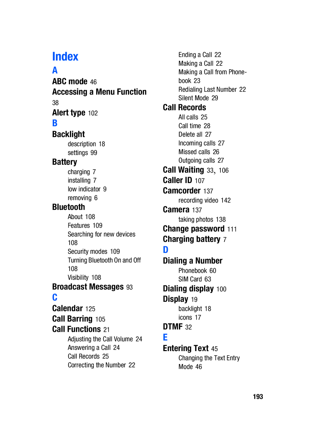 Samsung SGH-t509s ABC mode, Alert type Backlight, Battery, Bluetooth, Call Waiting 33 Caller ID Camcorder, Entering Text 