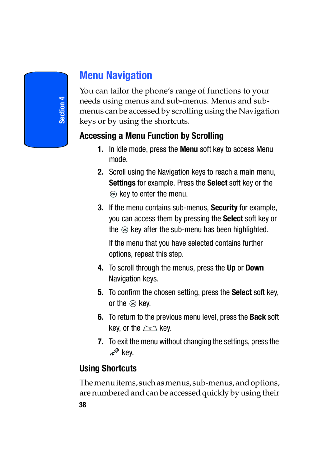 Samsung SGH-t509s manual Menu Navigation, Accessing a Menu Function by Scrolling, Using Shortcuts 