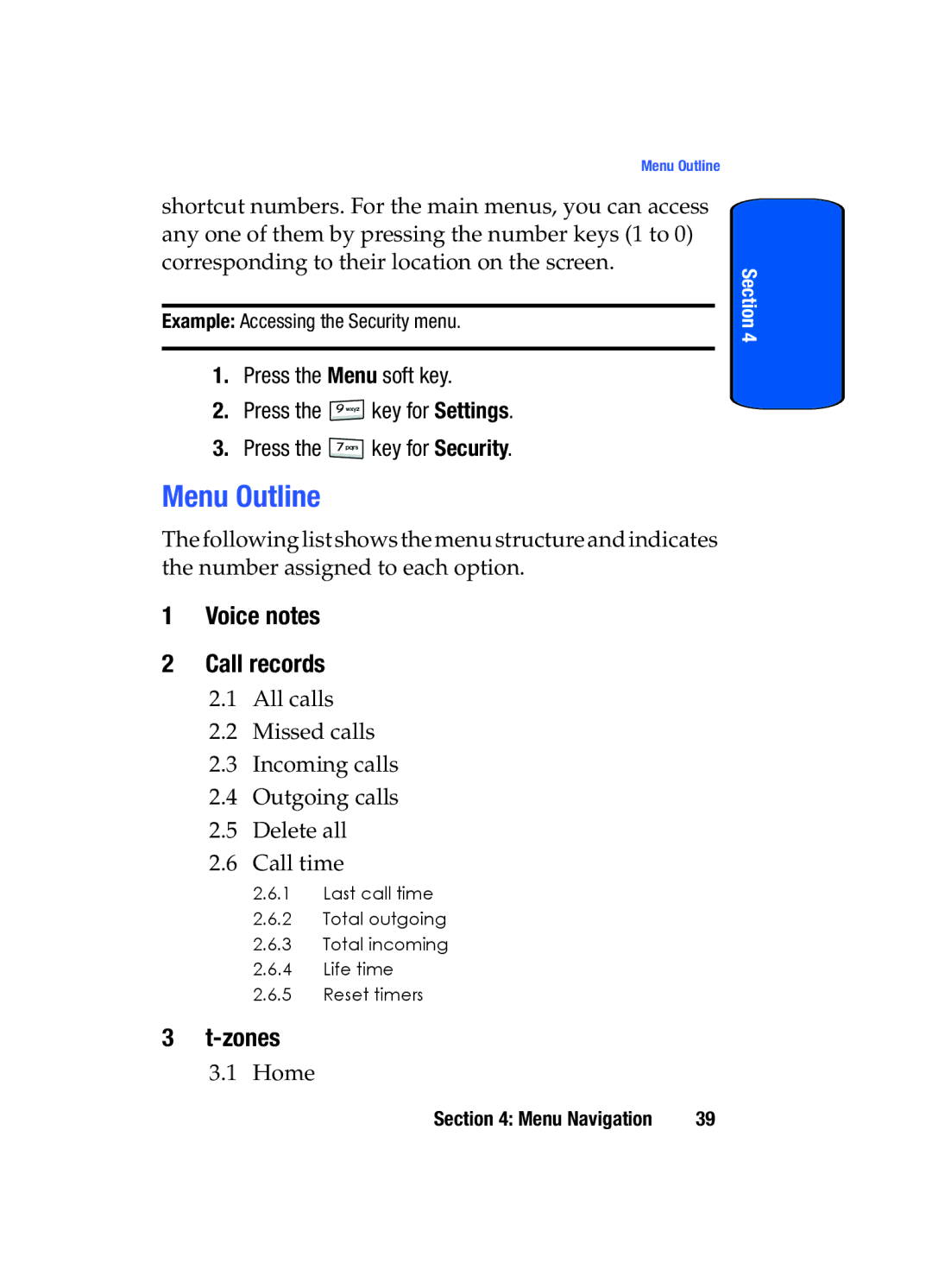 Samsung SGH-t509s manual Menu Outline, Voice notes Call records, Zones 