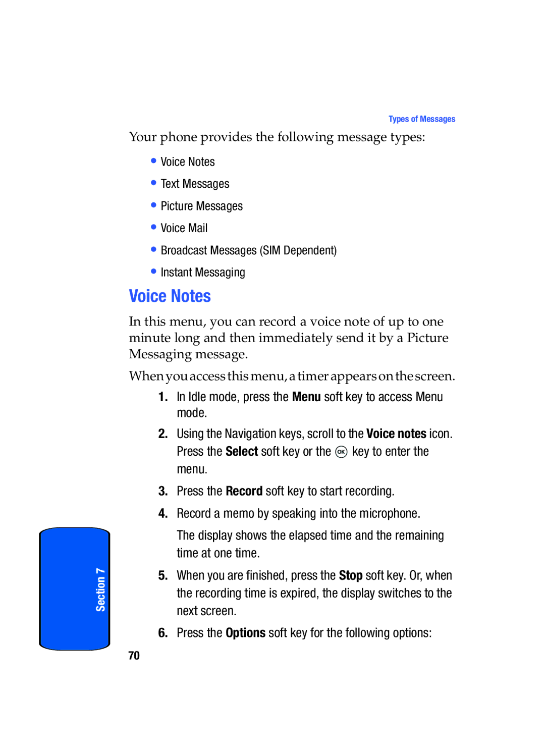 Samsung SGH-t509s manual Voice Notes, Your phone provides the following message types 