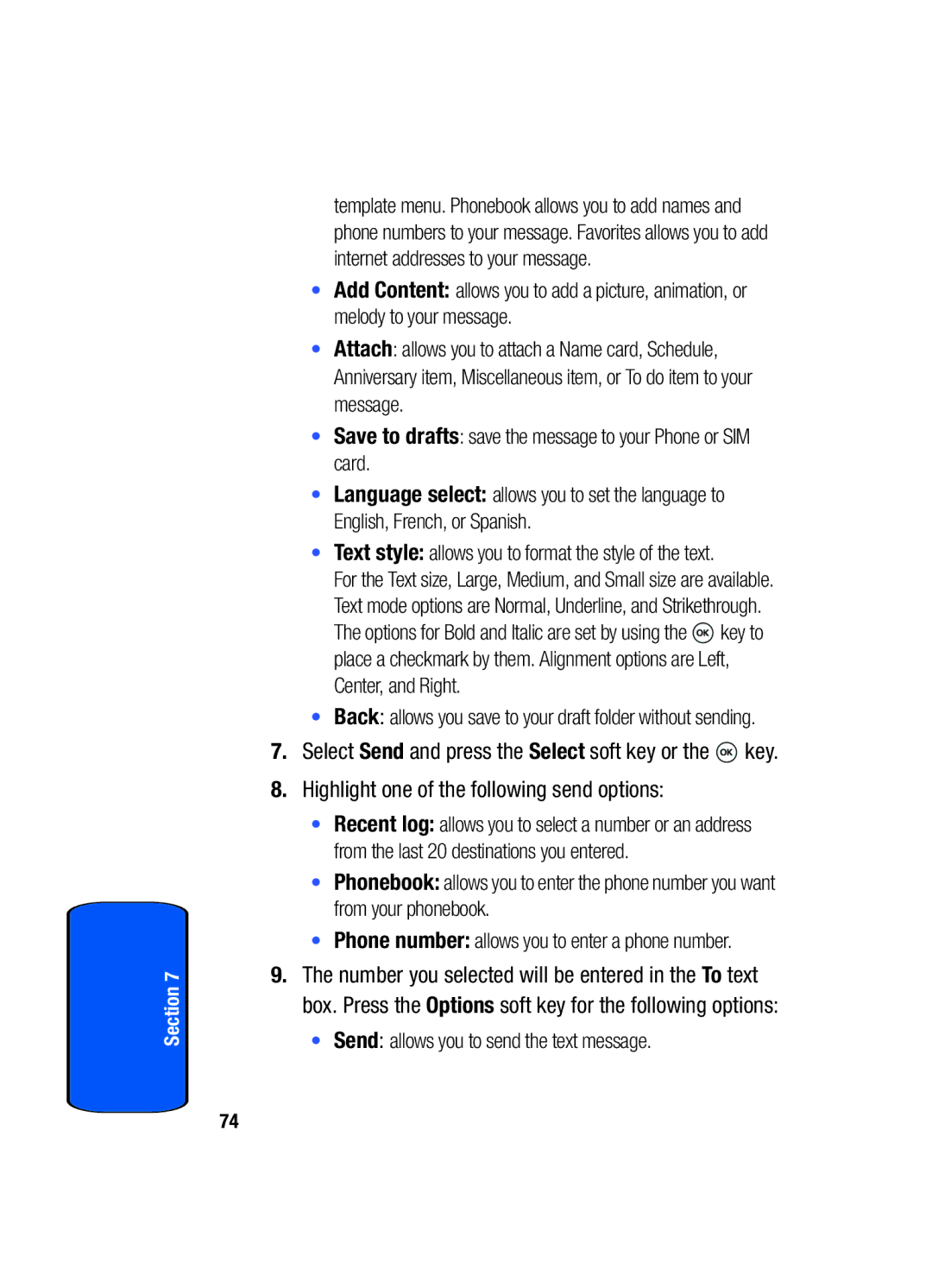 Samsung SGH-t509s manual Send allows you to send the text message 