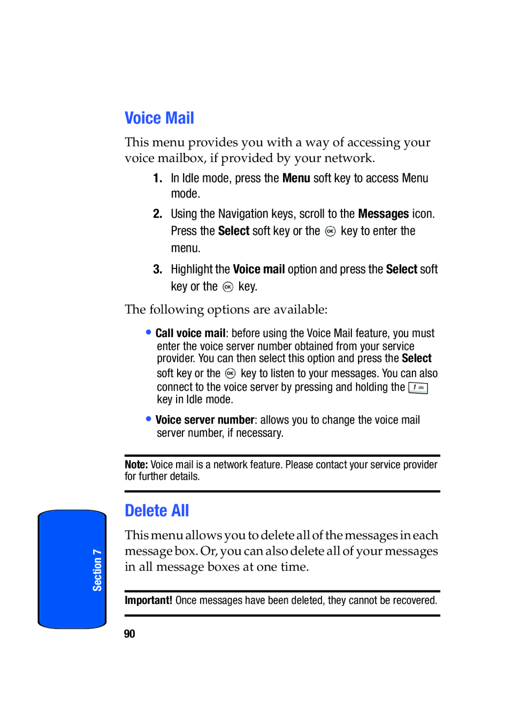 Samsung SGH-t509s manual Voice Mail, Delete All 