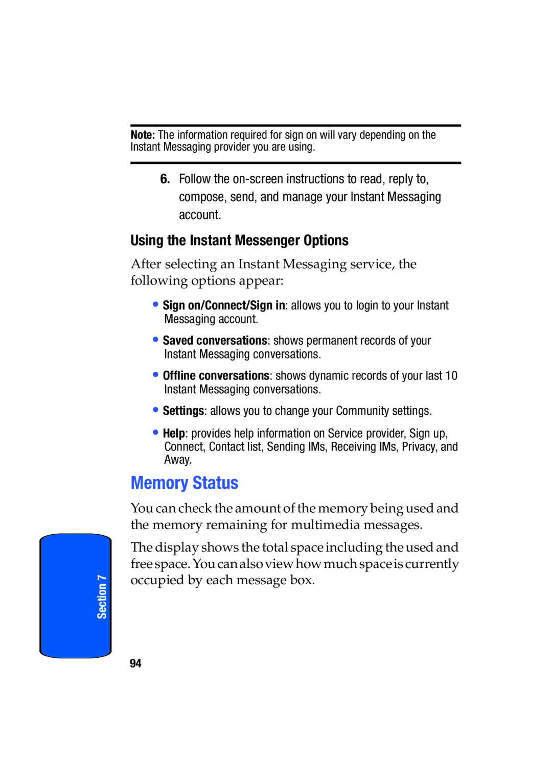 Samsung SGH-t509s manual Memory Status, Using the Instant Messenger Options 