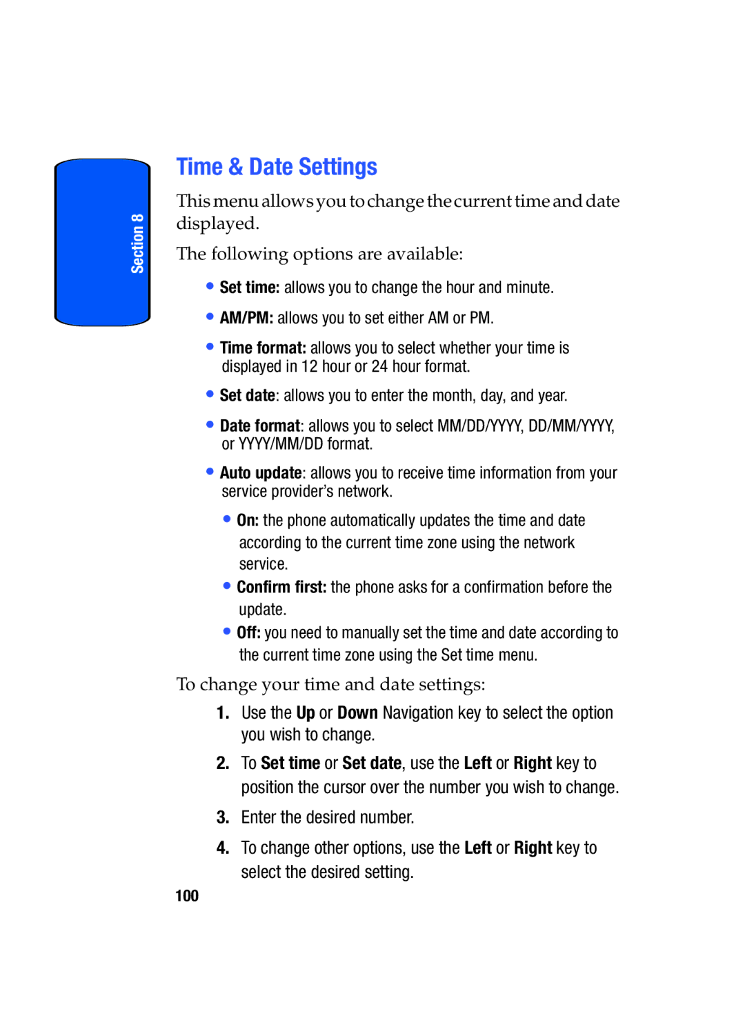 Samsung SGH-T509TSATMB manual Time & Date Settings, 100 